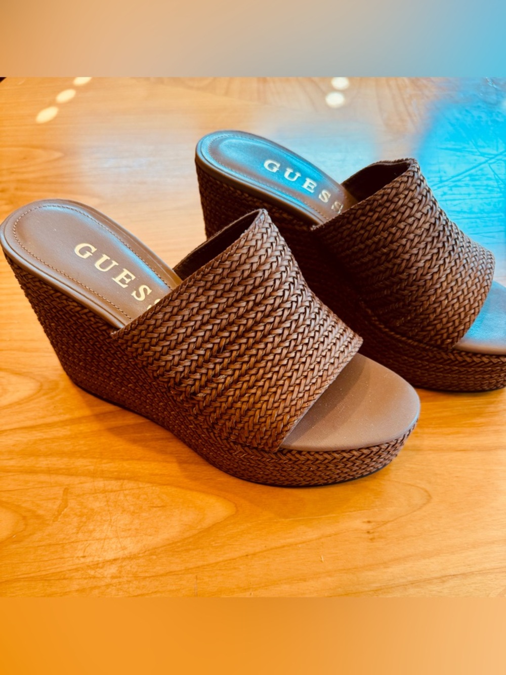 GUESS Brown Woven Platform Wedge Slide Sandals
